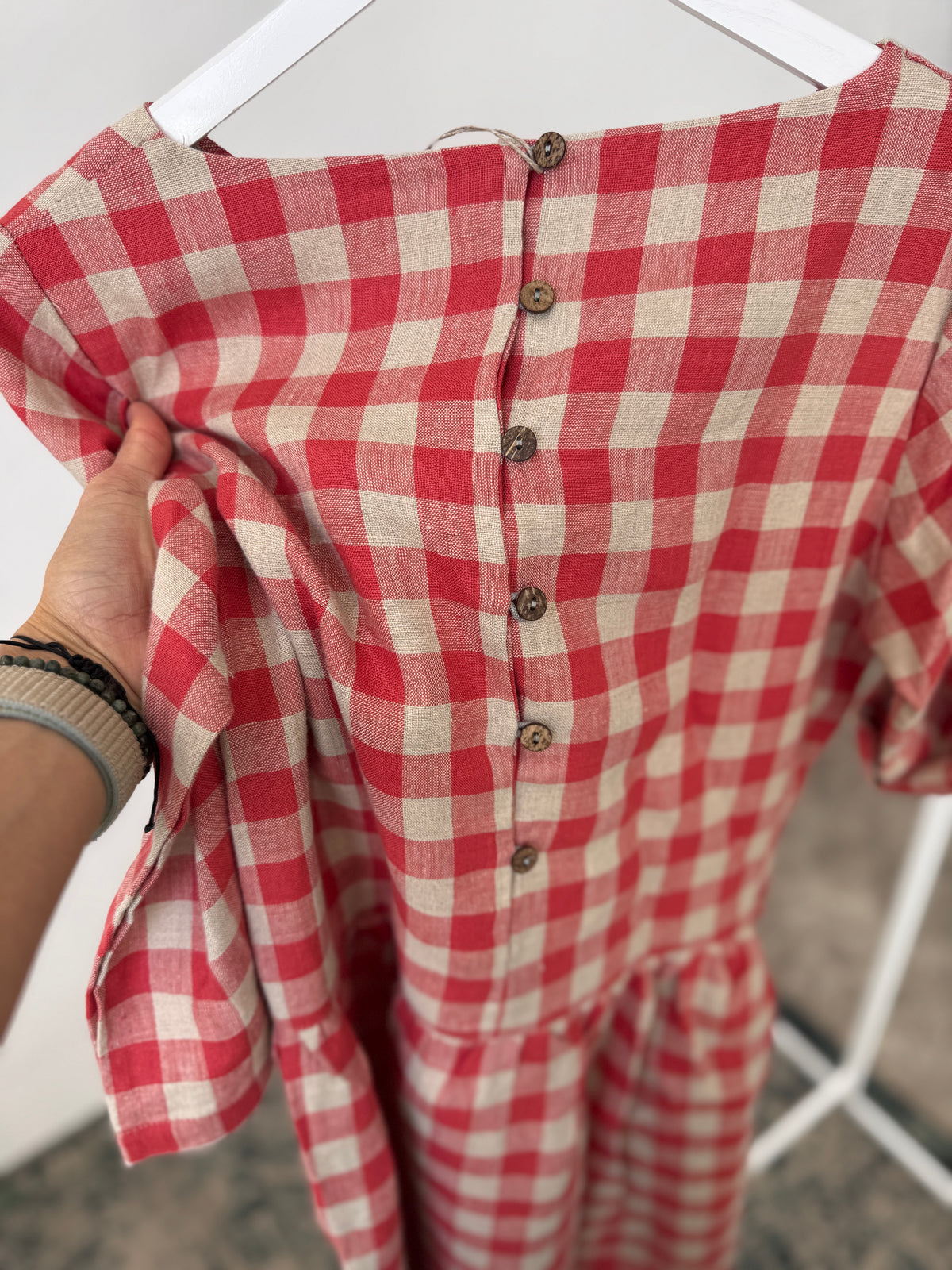 Women dress 3/4 sleeves, red checks M/L