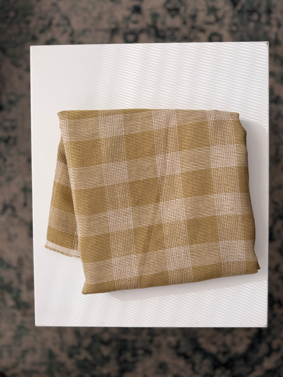 100% Natural Linen Fabric – Factory Remnant / Craft Piece - OLIVE CHECKERED 200 x 140 cm