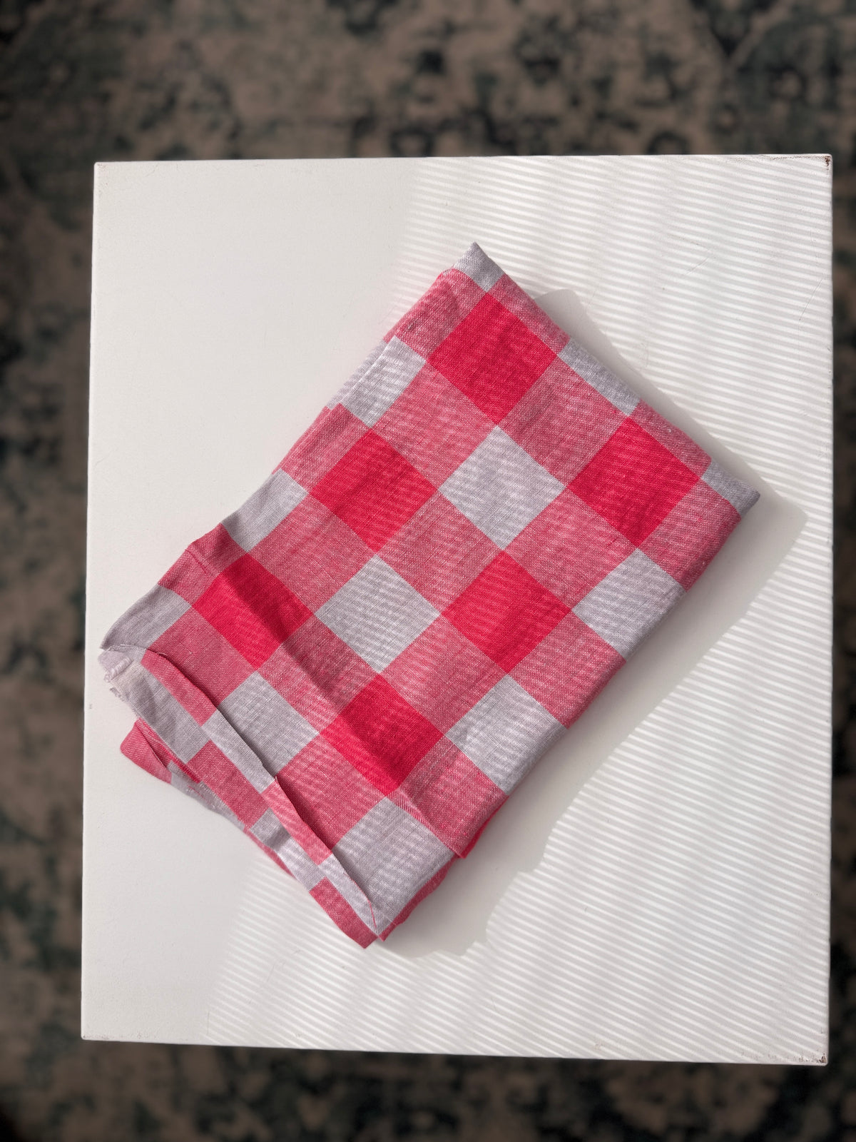 100% Natural Linen Fabric – Factory Remnant / Craft Piece - PINK CHECK 50 x 140 cm