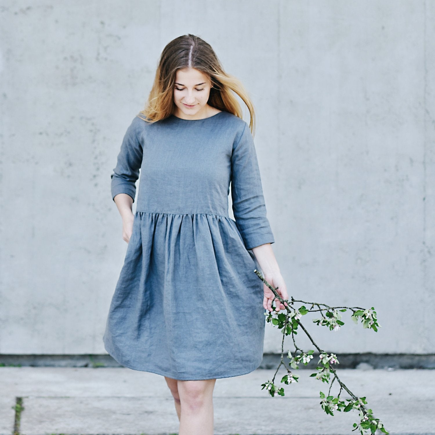 knee length dresses for ladies WOMEN'S LINEN DRESS 3/4 SLEEVE – Simply Grey