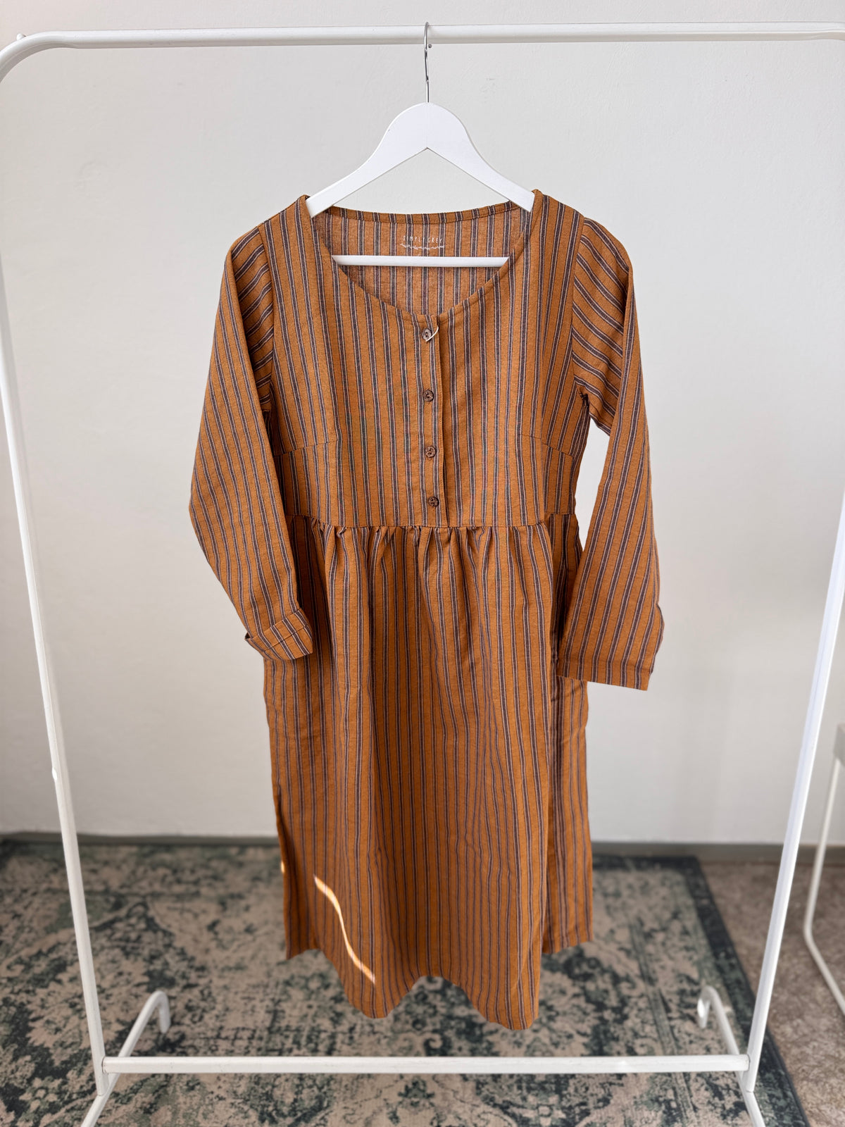 Mummy dress long sleeve, ochre with navy stripes, S