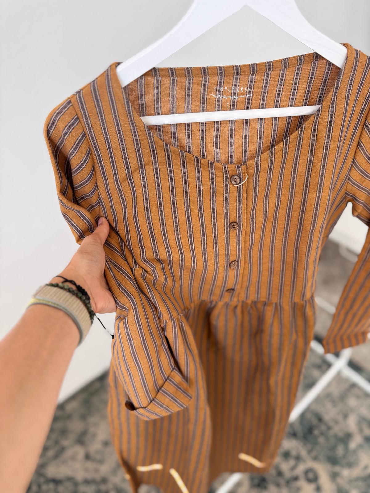 Mummy dress long sleeve, ochre with navy stripes, S