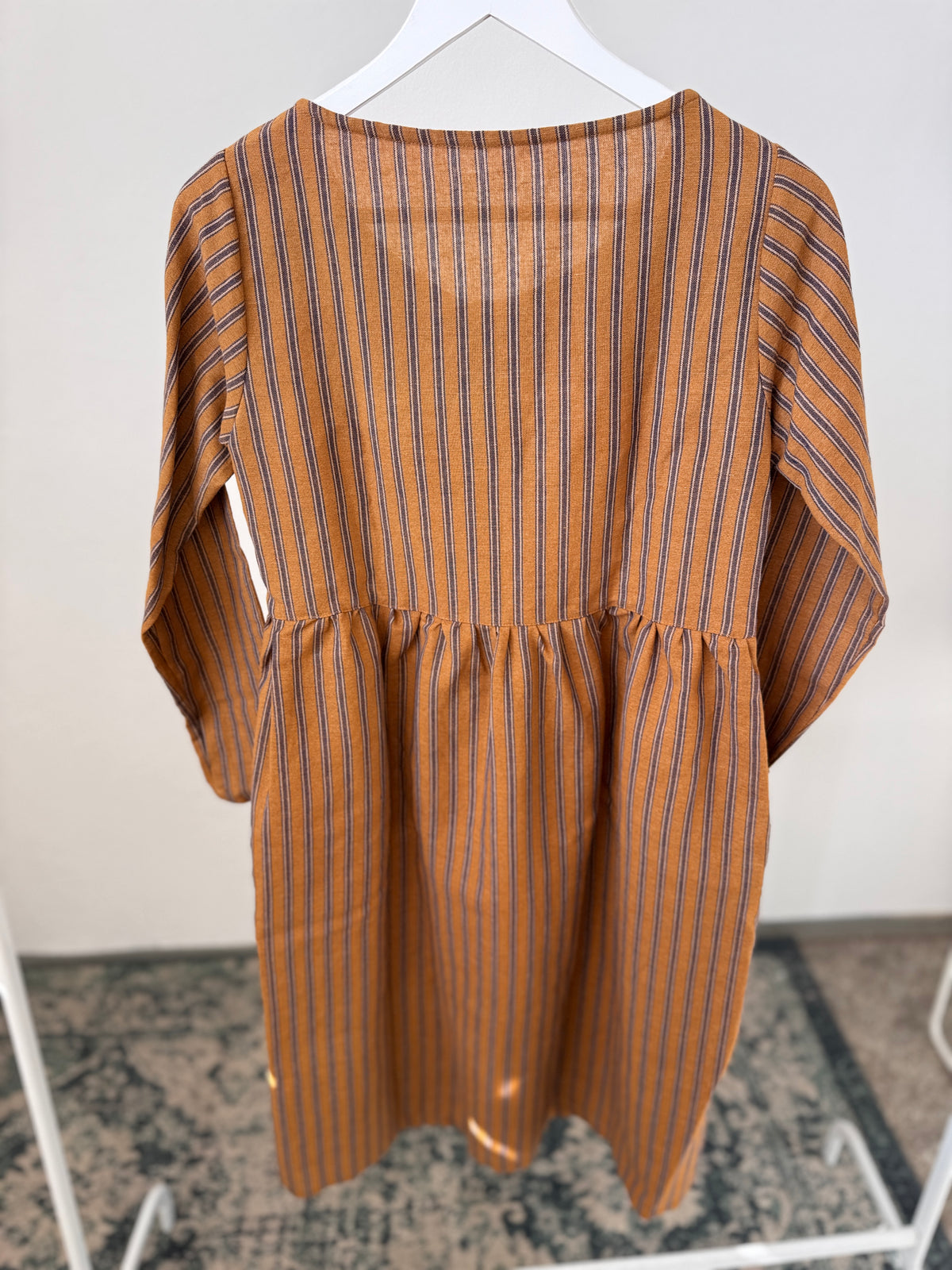 Mummy dress long sleeve, ochre with navy stripes, S
