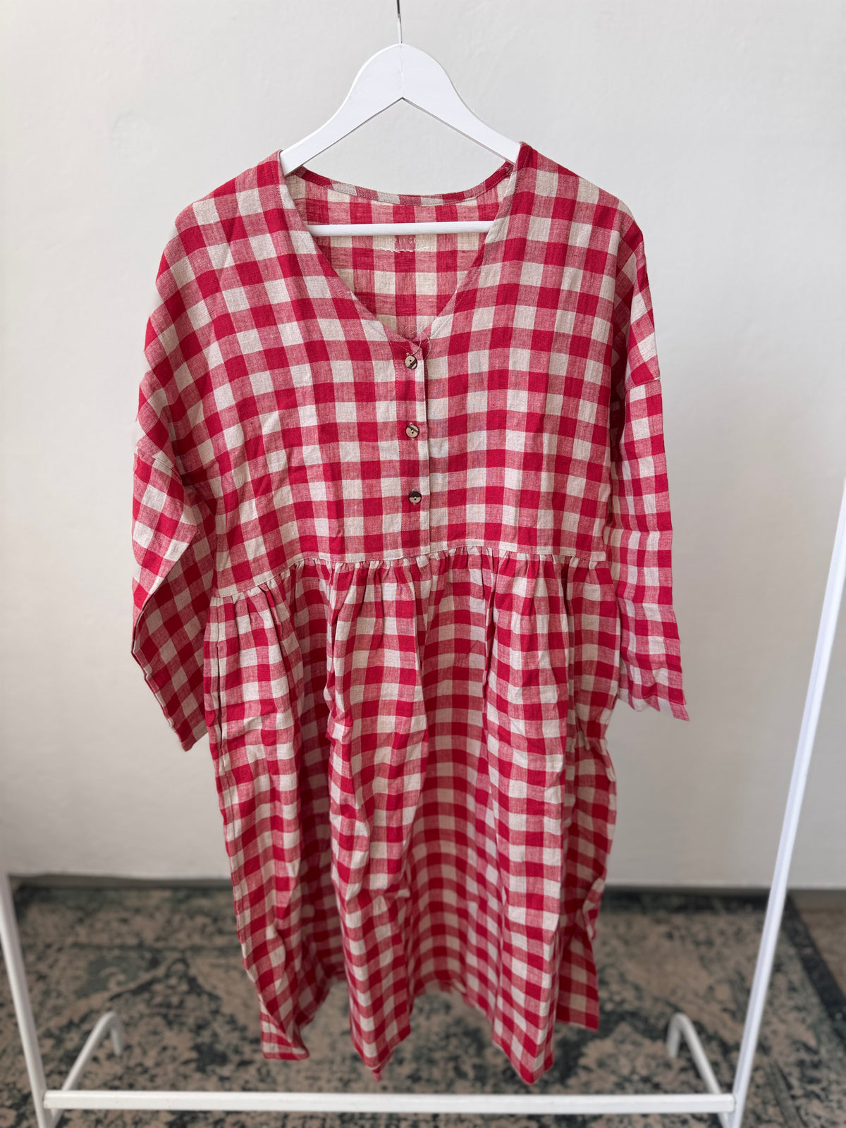 OVERSIZED v neck long sleeve dress red checks S/M