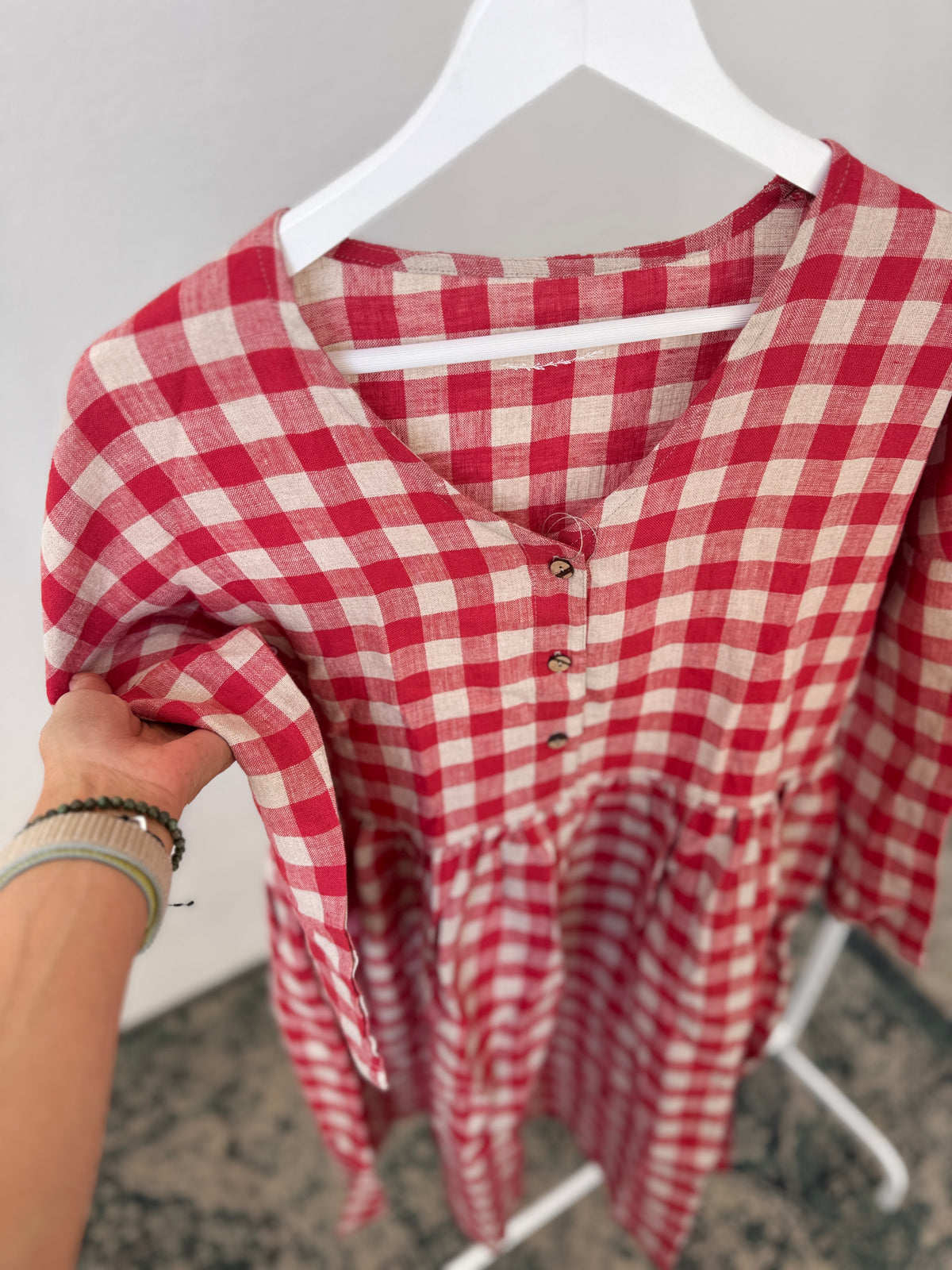 OVERSIZED v neck long sleeve dress red checks S/M