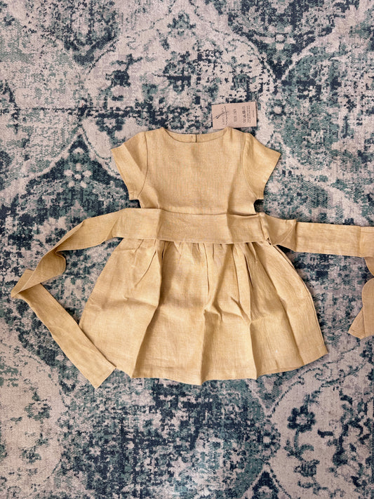 Girl's linen dress short sleeve with belt, misted yellow, 12-18 m