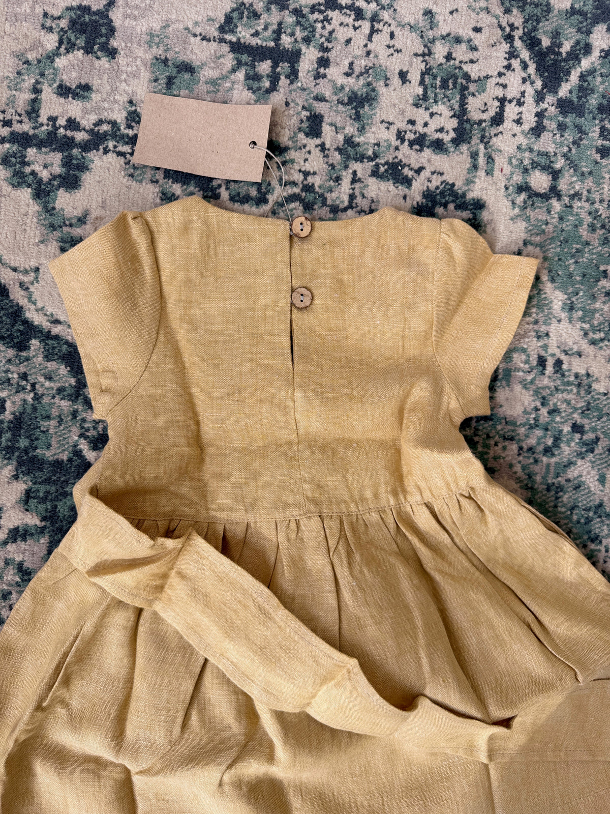 Girl's linen dress short sleeve with belt, misted yellow, 12-18 m