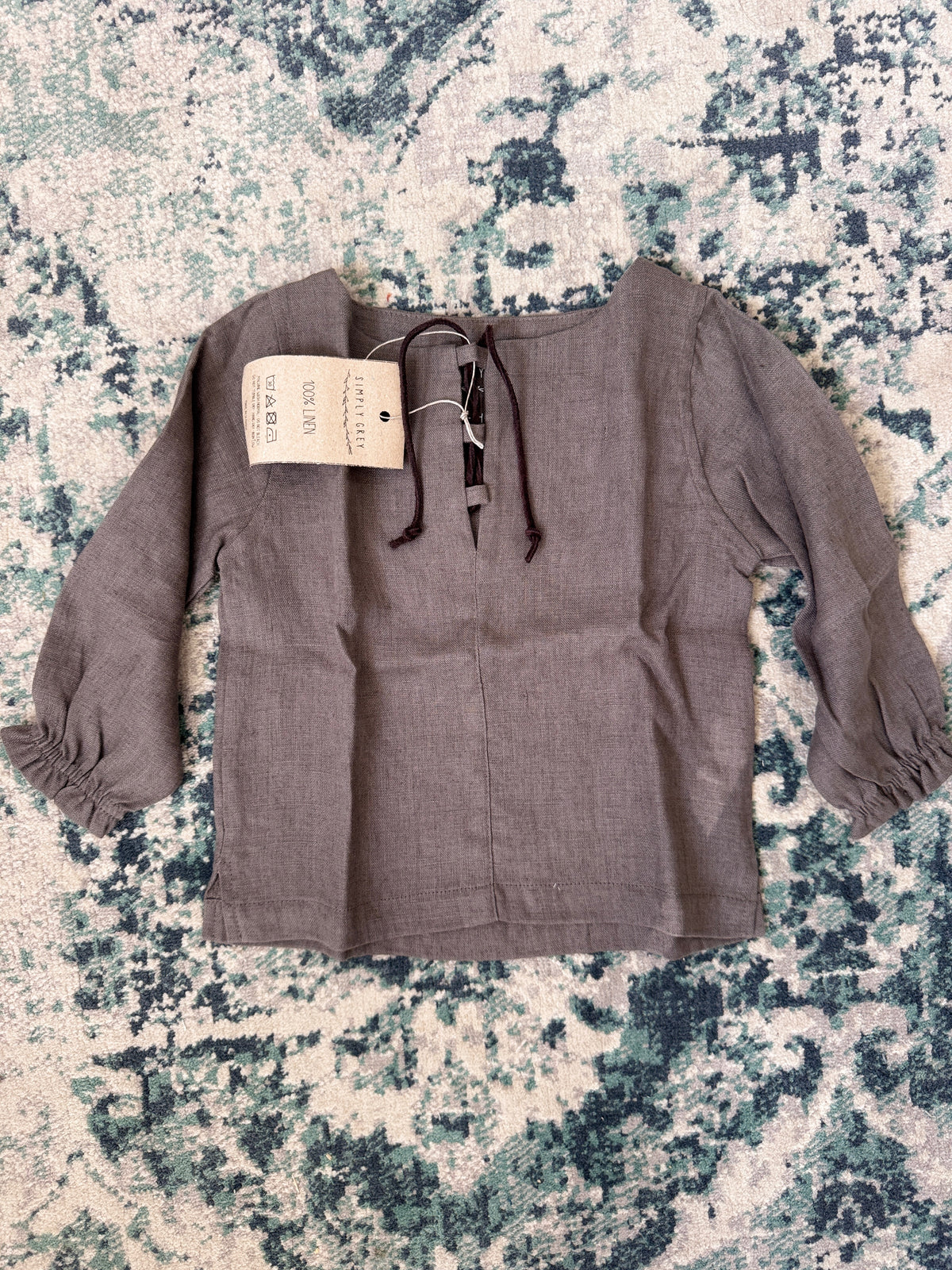 Girl's linen shirt puff sleeves, greyish brown, 18-24 m