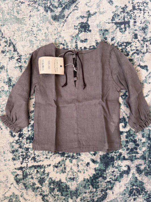 Girl's linen shirt puff sleeves, greyish brown, 18-24 m