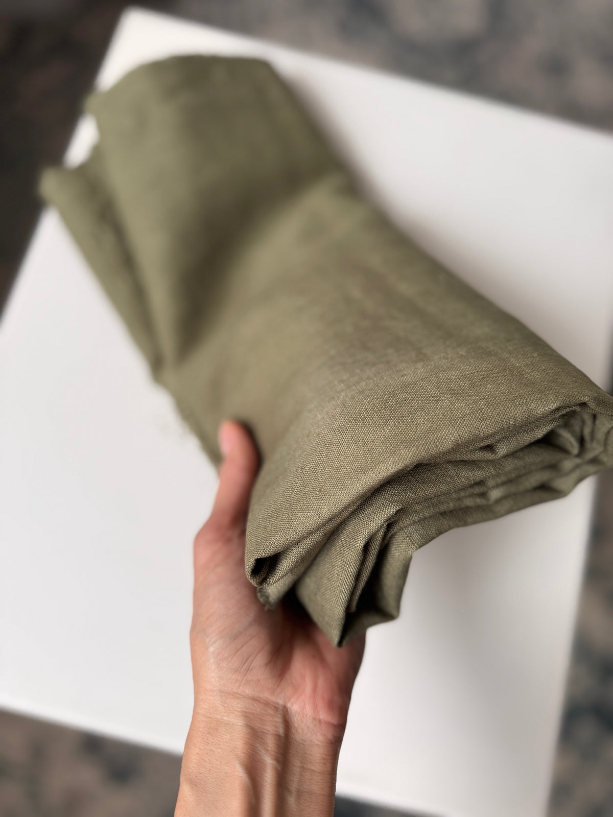 100% Natural Linen Fabric – Factory Remnant / Craft Piece - OLIVE, 120 cm x 140 cm