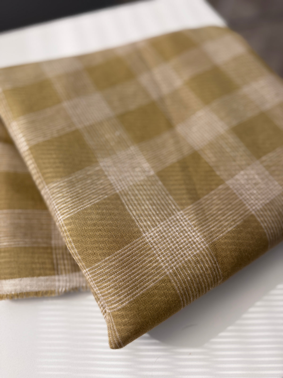100% Natural Linen Fabric – Factory Remnant / Craft Piece - OLIVE CHECKERED 200 x 140 cm
