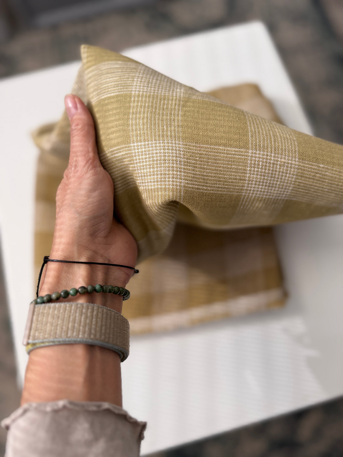 100% Natural Linen Fabric – Factory Remnant / Craft Piece - OLIVE CHECKERED 200 x 140 cm