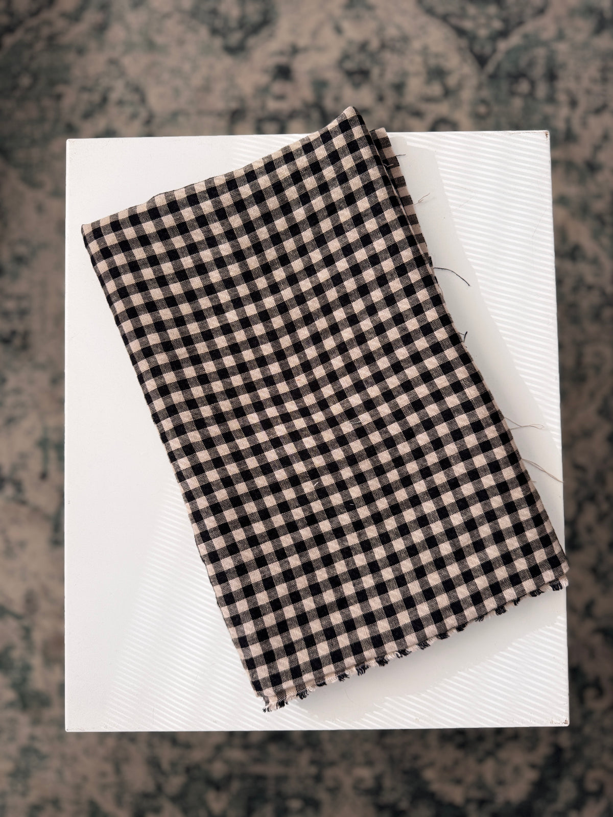 100% Natural Linen Fabric – Factory Remnant / Craft Piece - BEIGE BLACK CHECK 90 x 140 cm