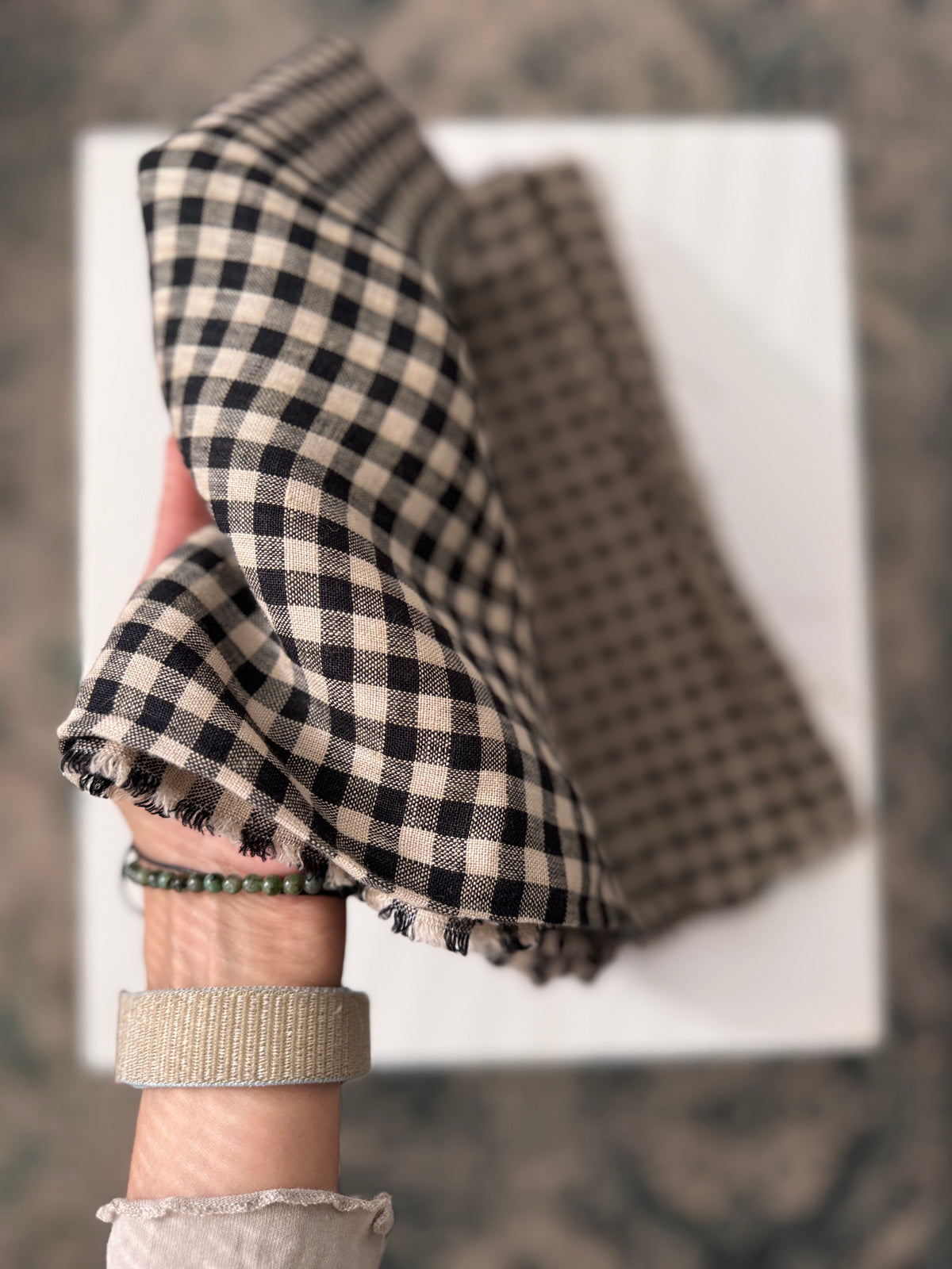 100% Natural Linen Fabric – Factory Remnant / Craft Piece - BEIGE BLACK CHECK 90 x 140 cm