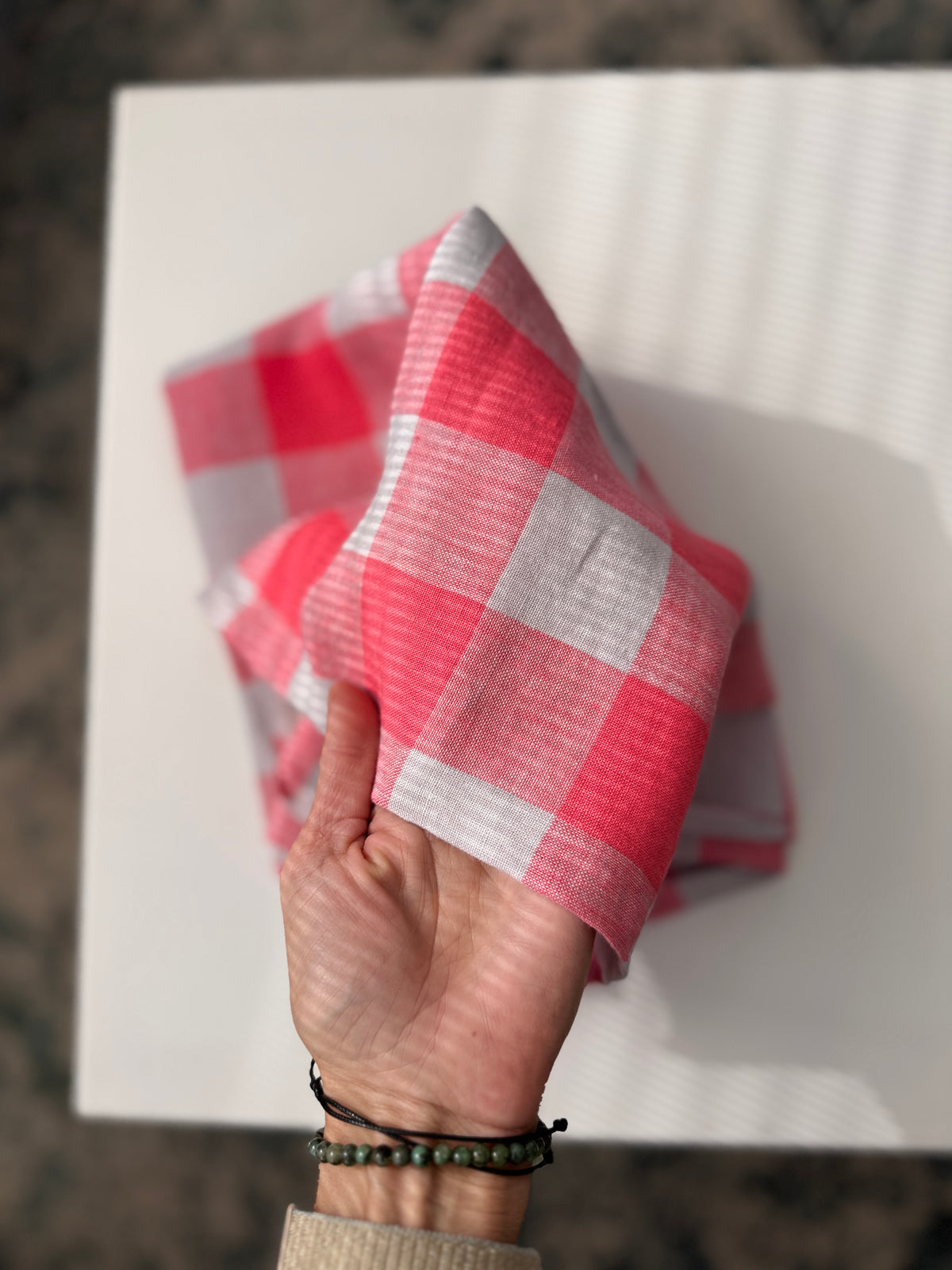 100% Natural Linen Fabric – Factory Remnant / Craft Piece - PINK CHECK 50 x 140 cm
