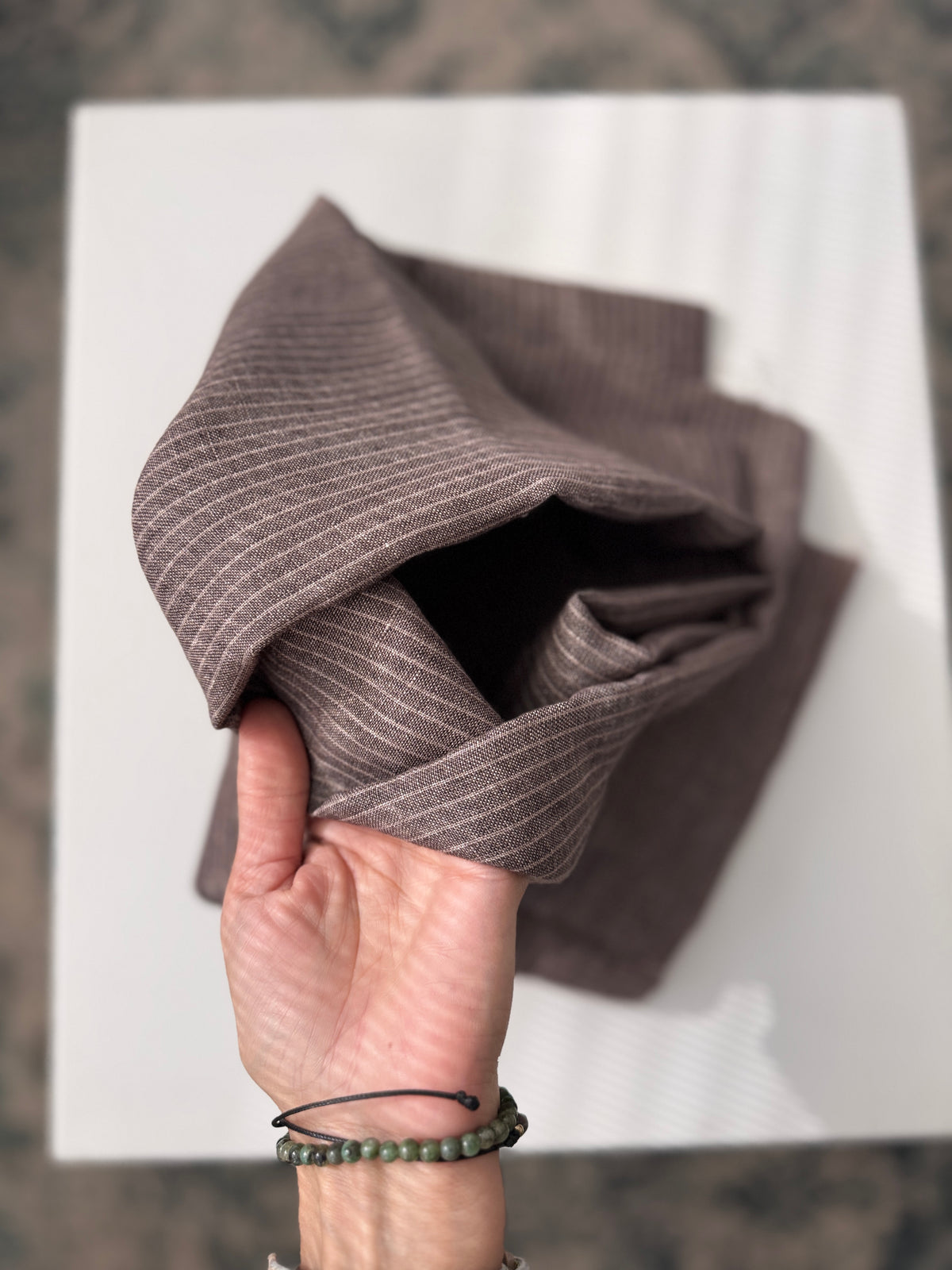 100% Natural Linen Fabric – Factory Remnant / Craft Piece - BROWN STRIPES 90 x 140 cm