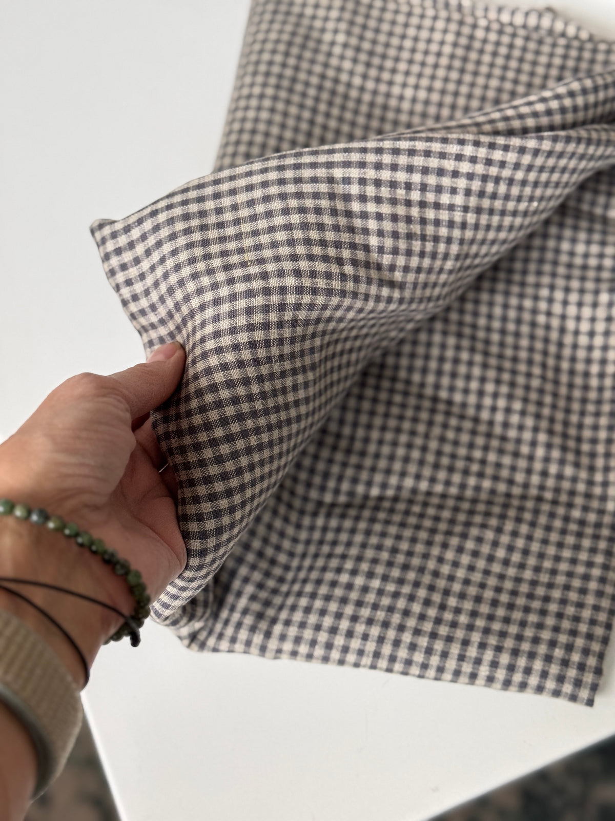 100% Natural Linen Fabric – Factory Remnant / Craft Piece - GREY GINGHAM, 50 x 140 cm
