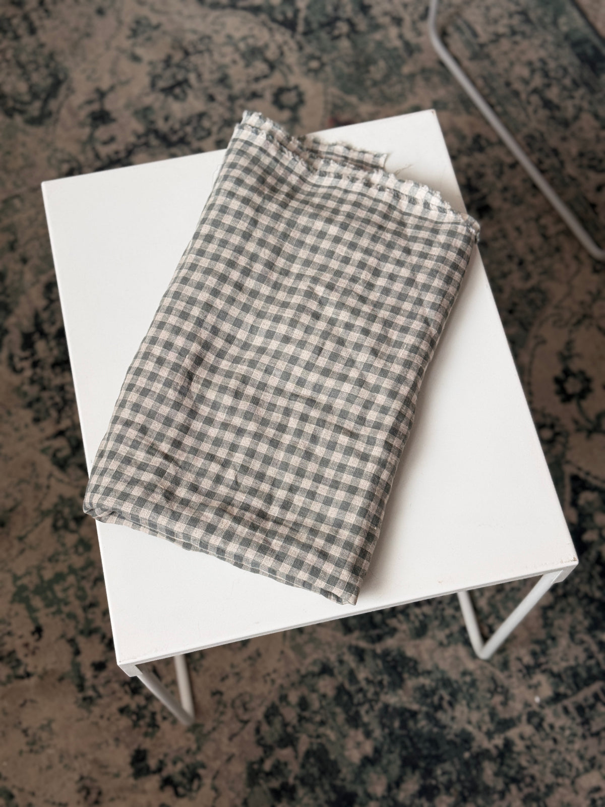 100% Natural Linen Fabric – Factory Remnant / Craft Piece - GREEN NATURAL GINGHAM, 90 x 140 cm