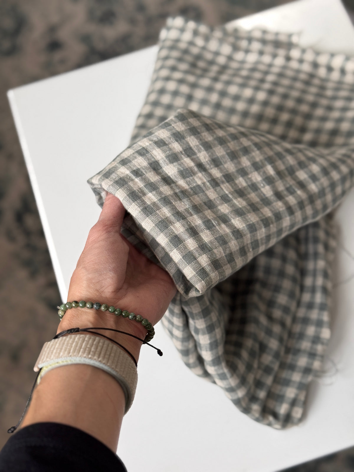 100% Natural Linen Fabric – Factory Remnant / Craft Piece - GREEN NATURAL GINGHAM, 90 x 140 cm