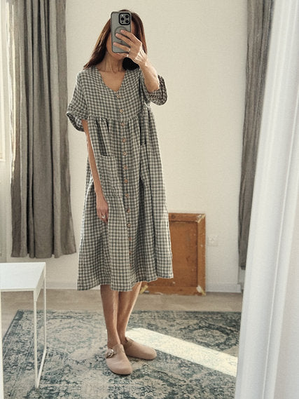 Women's linen buttons oversized dress V-neck short sleeve