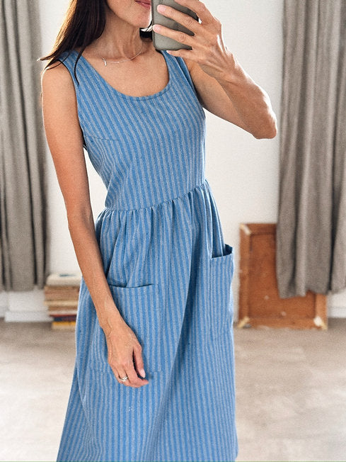 Retro apron dress - Recycled denim - blue stripes