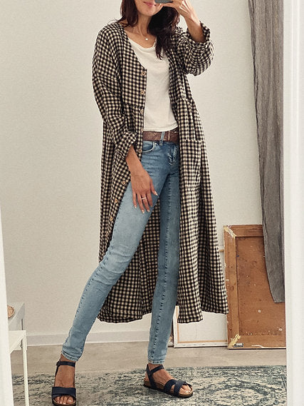 Women's linen buttons oversized dress V-neck long sleeve