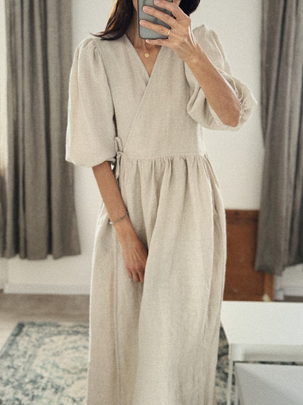 Women linen wrap dress with puff sleeves - customized length