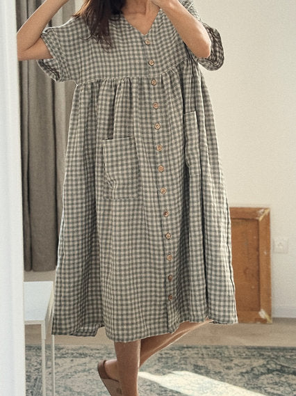 Women's linen buttons oversized dress V-neck short sleeve