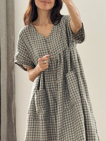 Women's linen buttons oversized dress V-neck short sleeve
