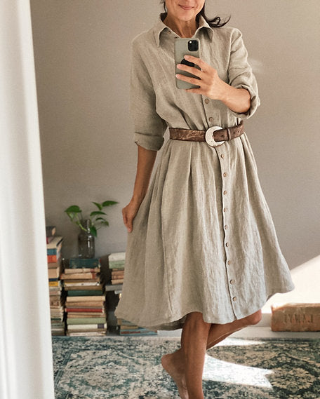 women linen dress Lilac - Round neck linen tunic with princess seams, long sleeve | Zipper & lining notched collar Women's linen dress SCARLETT -