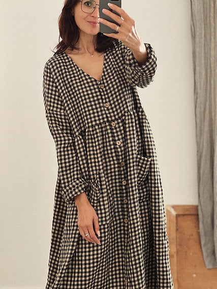 Women's linen buttons oversized dress V-neck long sleeve