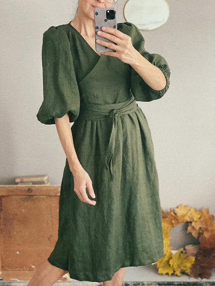 Women's linen wrap dress LARA - mild grey / M Women's linen wrap dress LARA - mild grey / M