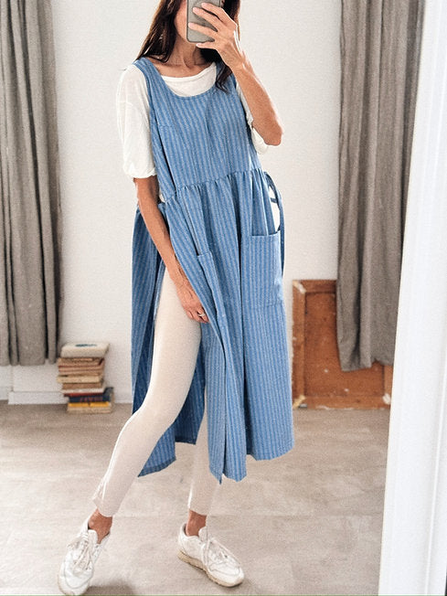 Retro apron dress - Recycled denim - blue stripes