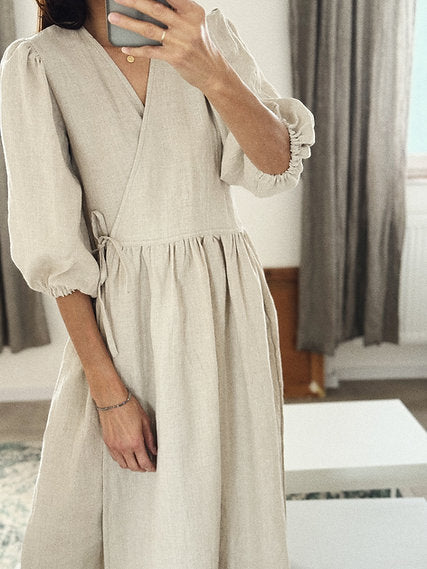Women linen wrap dress with puff sleeves - customized length