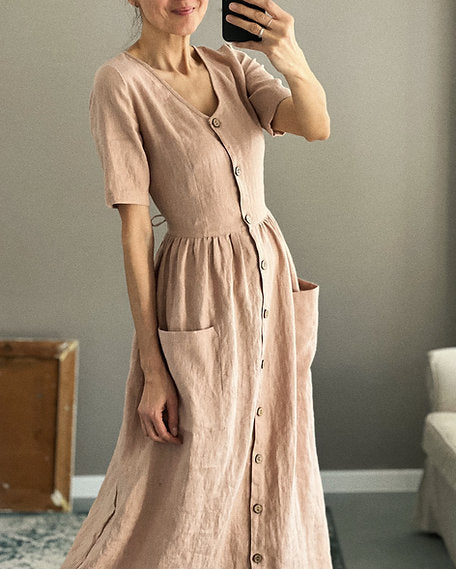 Women's linen buttons dress LUISA short sleeve
