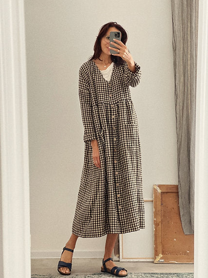 Women's linen buttons oversized dress V-neck long sleeve