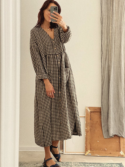 Women's linen buttons oversized dress V-neck long sleeve