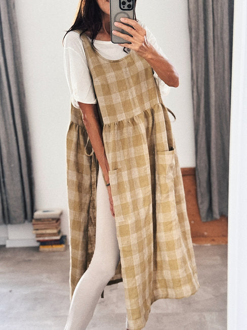 Retro apron dress - Olive green checkered