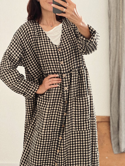 Women's linen buttons oversized dress V-neck long sleeve