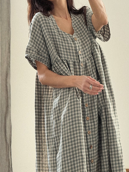 Women's linen buttons oversized dress V-neck short sleeve