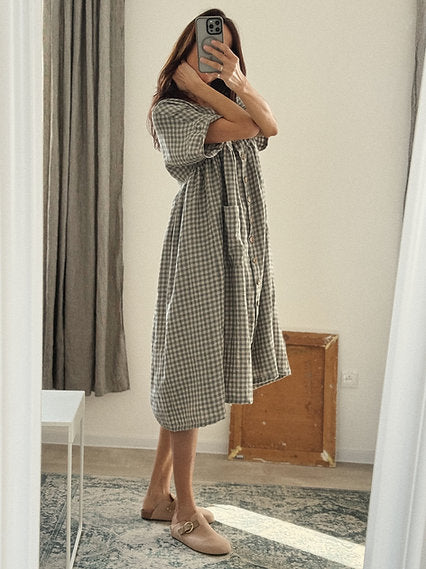 Women's linen buttons oversized dress V-neck short sleeve