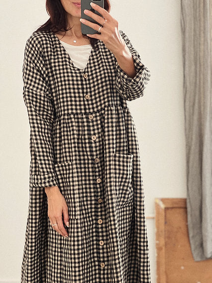 Women's linen buttons oversized dress V-neck long sleeve